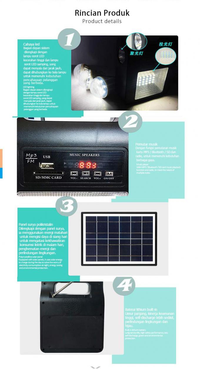 Sistema eléctrico casero solar que se enciende con las luces de emergencia al aire libre de radio del fallo eléctrico de Bluetooth que acampan